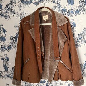 Silence + Noise Faux Shearling Jacket Belted Moto Coat Brown Size M